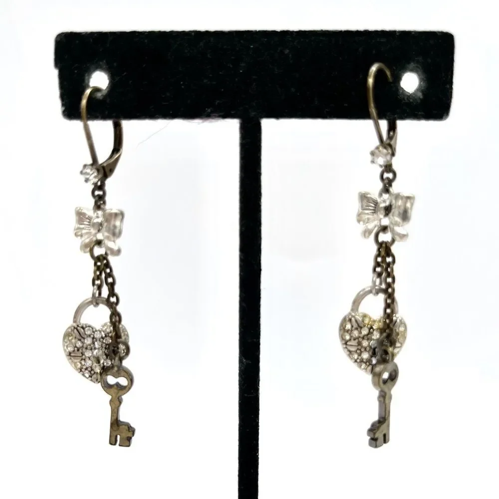 Betsey Johnson Heart &Key Charm Drop Earrings Silvertone and Rhinestone
